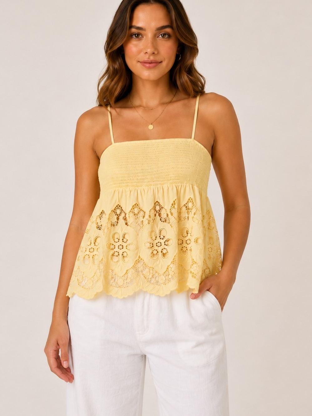 Faded Rose Butter Yellow Lace Eyelet Crochet Babydoll Cami Top Size XL